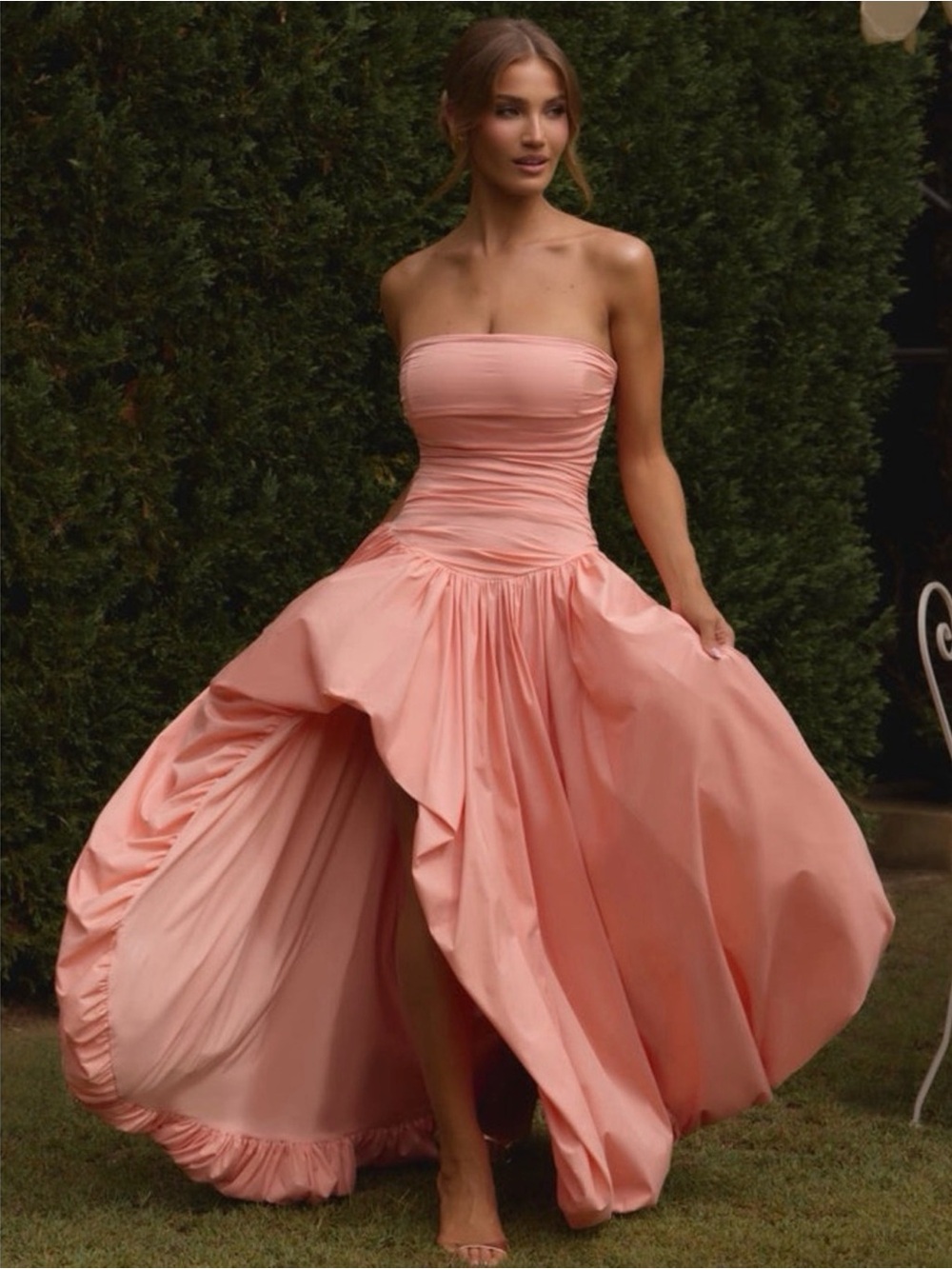 Strapless High-Low Coral Pink Evening Dress